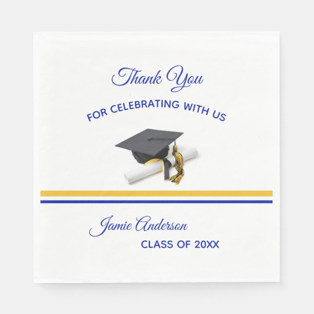 Blau und Gelb Cap & Tassel | Graduierungspartei Serviette (Vorderseite)
