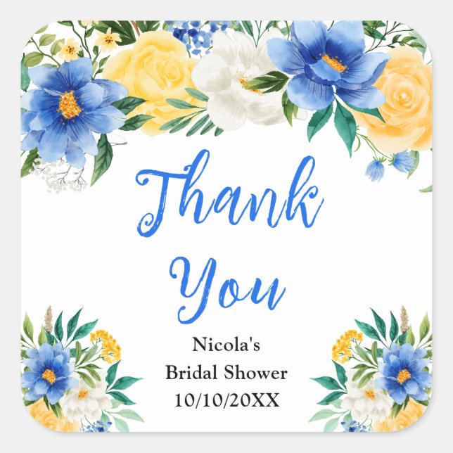Blau und Gelb Florale Hochzeitsdusche Danke Quadratischer Aufkleber (Vorderseite)