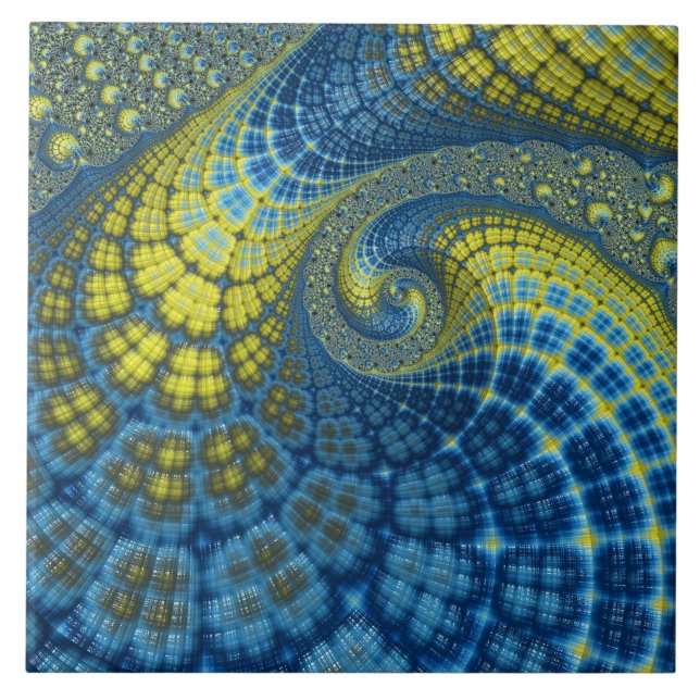 Blau und Gelb Groovy Batik Look Fraktal Abstrakt Fliese (Vorderseite)