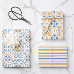 Blau und Gelb Toskanischer Damast Geschenkpapier Set