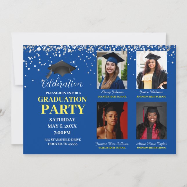 Blau- und Gelbe Graduierungsparty mit mehreren Fot Einladung (Vorderseite)
