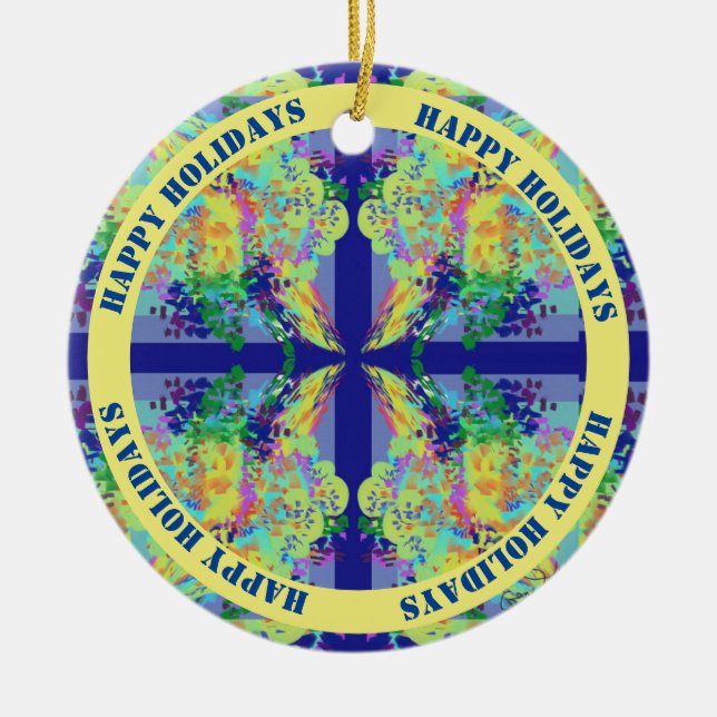 Blau- und Gelbkreuz-Design - Anpassbarer Text Keramik Ornament (Vorne)