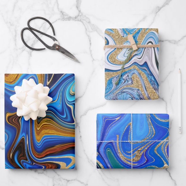 Blau und Gold Abstrakt Geschenkpapier Set (Vorderseite)