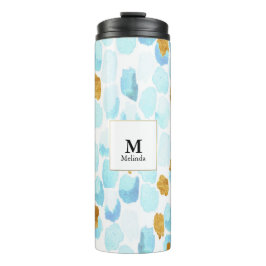 Blau und Gold Aquarellfarben Dots Monogram Tumbler Thermosbecher