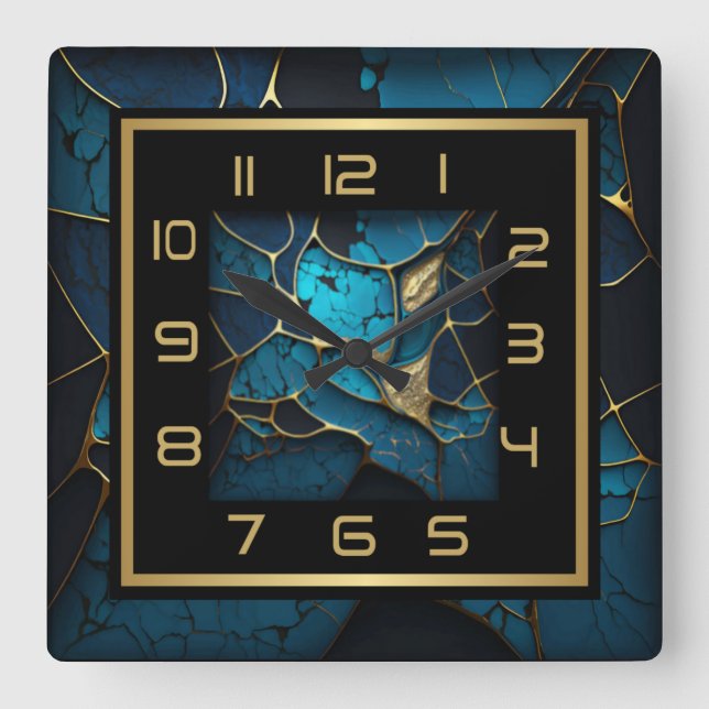 Blau und Gold Art Deco Quadratische Wanduhr (Vorderseite)