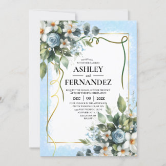 Blau und Gold Elegante Blumen Rustikale Wasserfarb Einladung