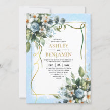 Blau und Gold Elegante Blumen Rustikale Wasserfarb