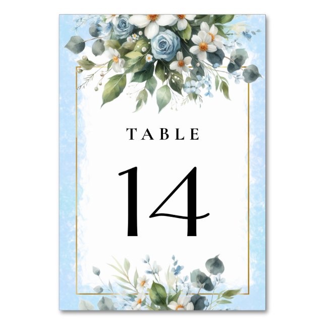 Blau und Gold Elegante Blumen Rustikale Wasserfarb Tischnummer (Vorderseite)