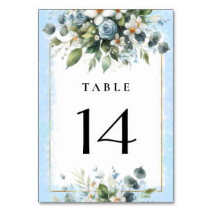 Blau und Gold Elegante Florale Rustikale Wasserfar Tischnummer