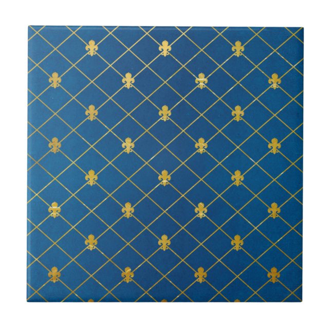 Blau und Gold. Fleur De Lis. Fliese (Vorderseite)