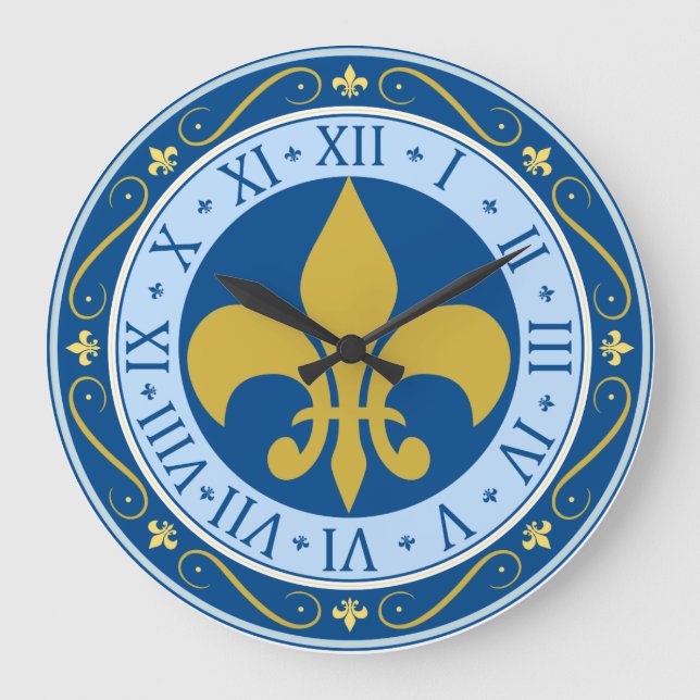 Blau und Gold Fleur-de-Lis Große Wanduhr (Vorderseite)