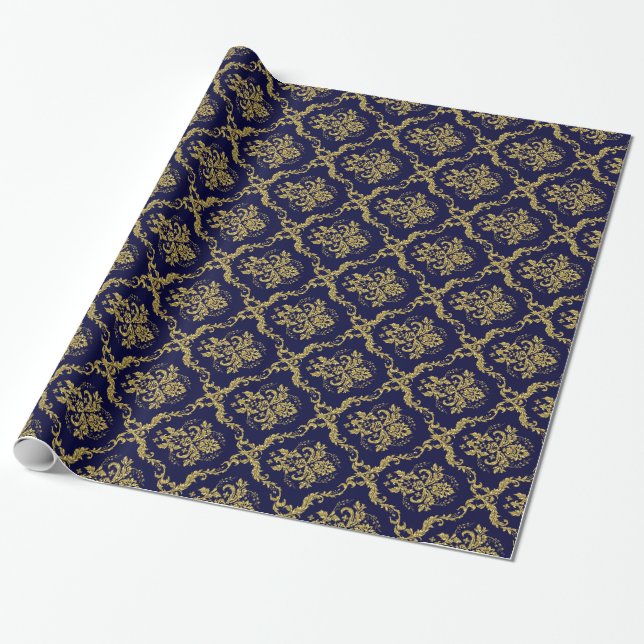 Blau und Gold florale Damaskus Spitzenmuster Geschenkpapier (Ungerollt)