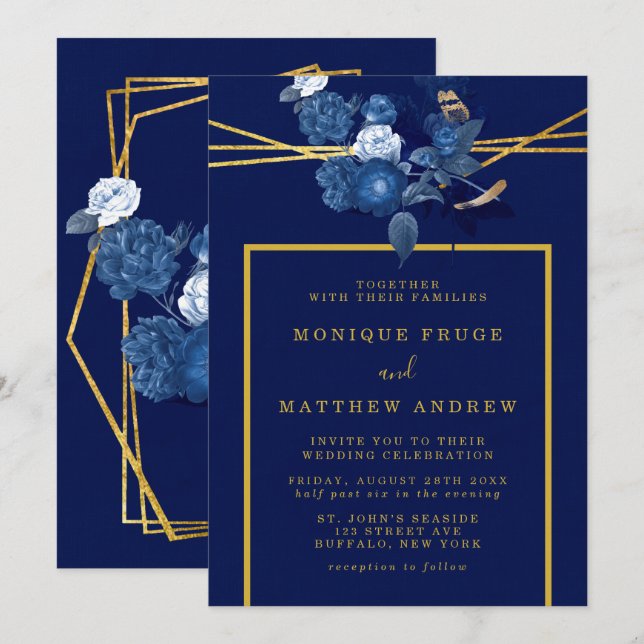 Blau und Gold Geometric Floral Wedding Einladung (Vorne/Hinten)