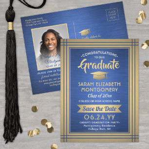 Blau- und Gold-Graduate-Foto Save the Date Ankündigungspostkarte