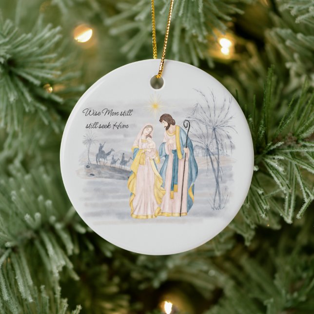 Blau und Gold Mary, Joseph und Jesus Holiday Keramik Ornament (Baum)