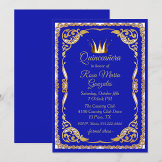 Blau und Gold mit Crown Quinceanera Einladung