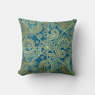 Blau und Gold Paisley Kaleidoskop Kissen