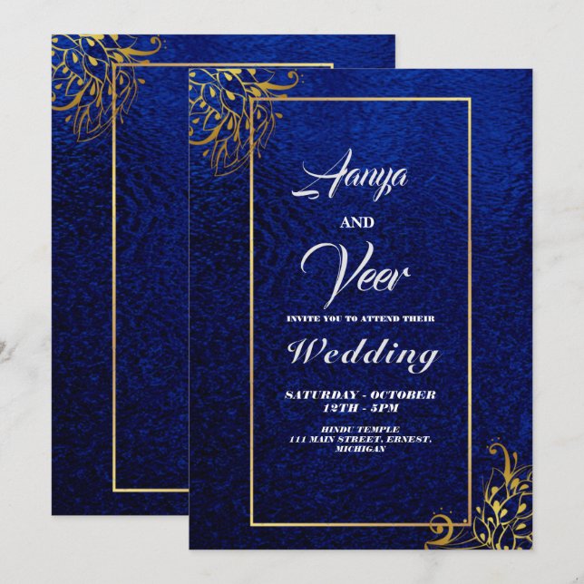 BLAU und Gold Peacock - Indianerhochzeit Einladung (Vorne/Hinten)
