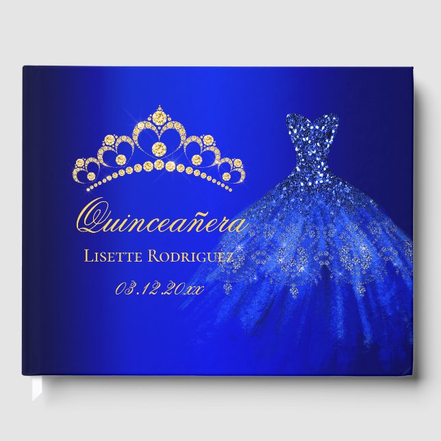 Blau und Gold Quinceanera Gästebuch (Vorderseite)
