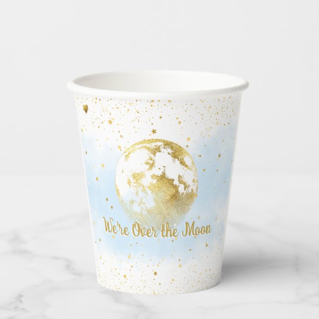 Blau und Gold über dem Mond Babydusche Pappbecher (Vorderseite)