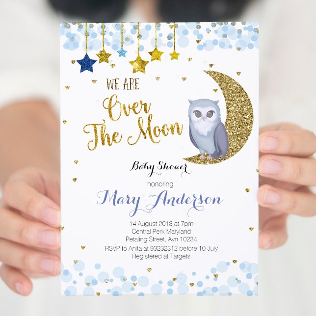 Blau und Gold über dem Mond - Eule-Baby-Dusche Einladung (Von Creator hochgeladen)