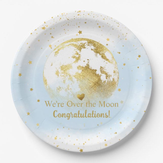 Blau und Gold über den Mond Glückwünsche Pappteller (Vorderseite)
