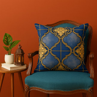 Blau und Gold Verziertes marokkanisches Fliesenmus Kissen