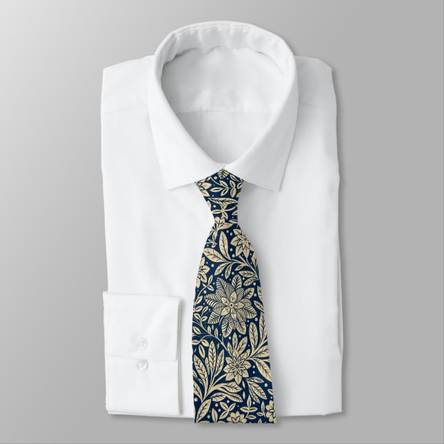 Blau und Gold Vintages Blumenmuster Krawatte (Gebunden)