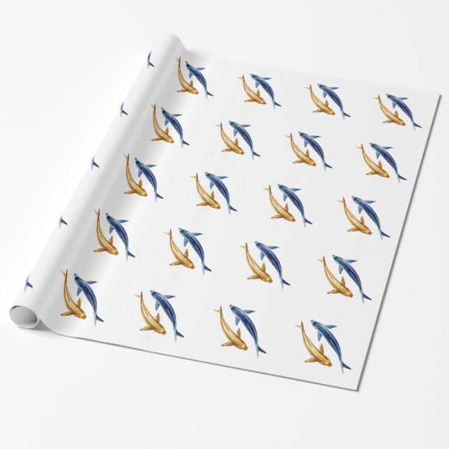 Blau und GoldKoi Fisch-Geschenk-Verpackung Geschenkpapier (Ungerollt)