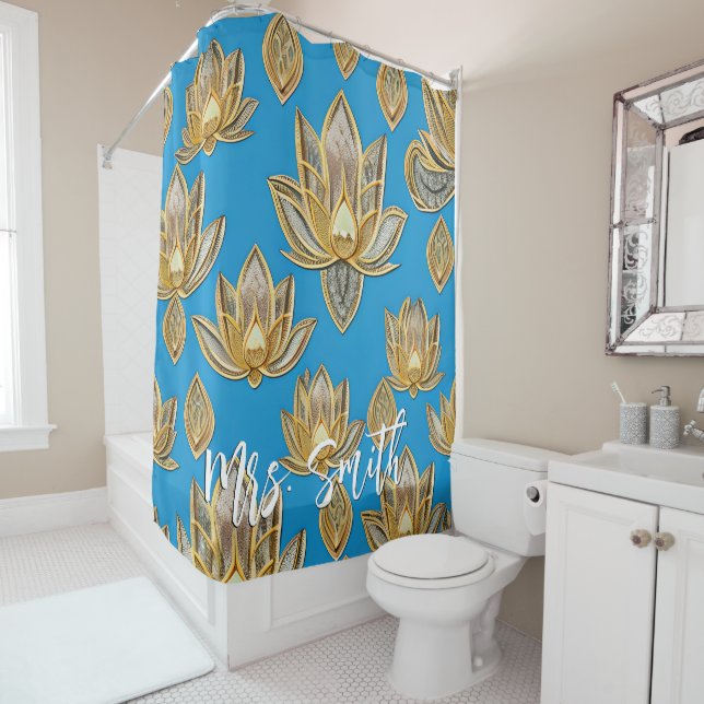 Blau- und Goldlotus-Muster mit Individuelle Name Duschvorhang (Beispiel)