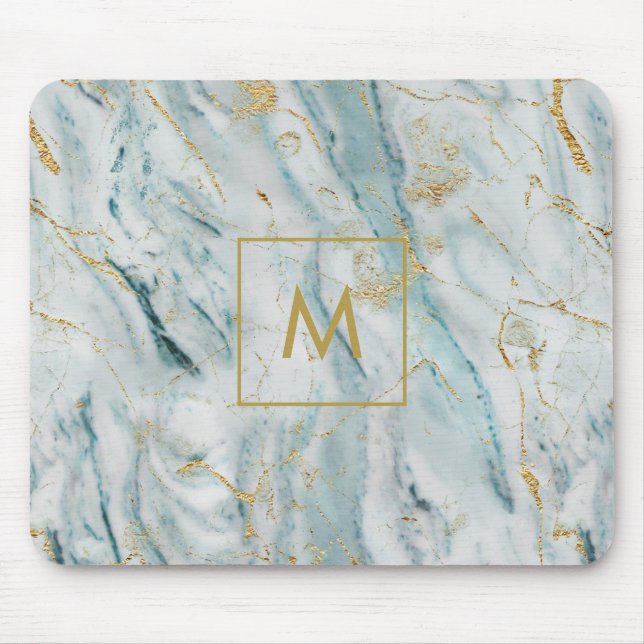 Blau-und Goldmarmormonogramm Mousepad (Vorne)