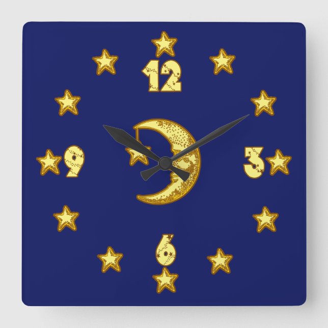 Blau-und Goldmond und Stern-Wanduhr Quadratische Wanduhr (Vorderseite)
