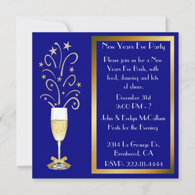 Blau-und GoldSilvester-Party Einladungen (Vorderseite)