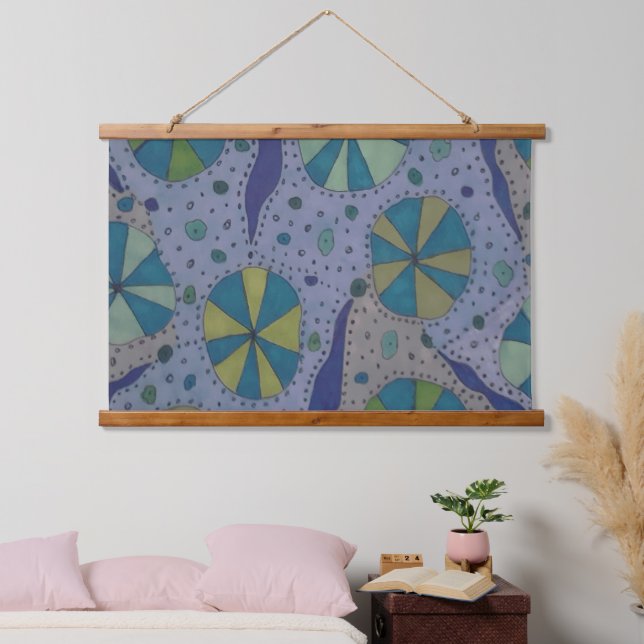 Blau und Grau Abstrakt Wandteppich Mit Holzrahmen (Schlafzimmer)