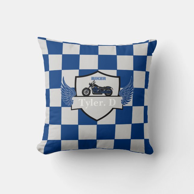 Blau und grau, kariert und Motorrad Kissen (Vorderseite)