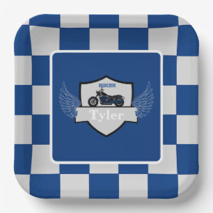 Blau und grau, kariert und Motorrad Pappteller