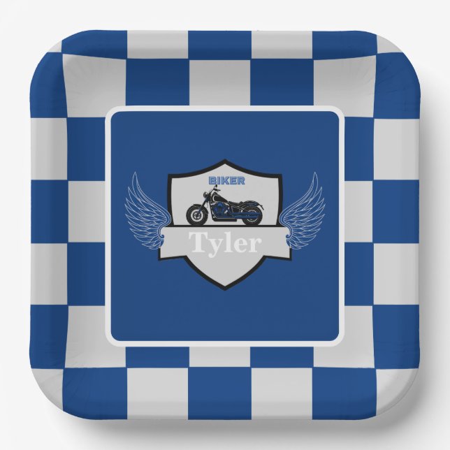 Blau und grau, kariert und Motorrad Pappteller (Vorderseite)