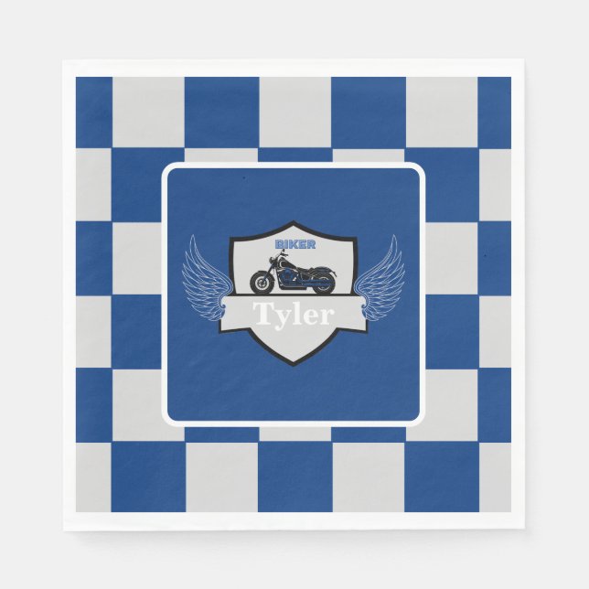 Blau und grau, kariert und Motorrad Serviette (Vorderseite)