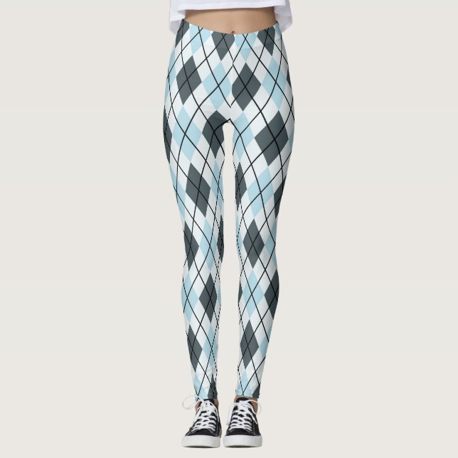 Blau und Grau Raute Print Leggings (Vorderseite)