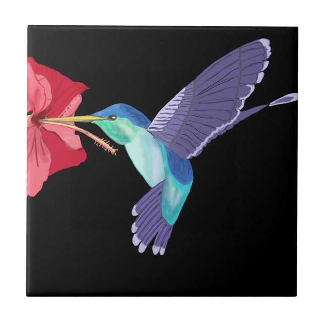 Blau und Grün Hummingbird und Roter Hibiskus Fliese (Vorderseite)