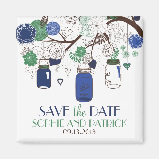 Blau und grün Mason Jars Speichern Sie das Date Ma Magnet (Vorne)