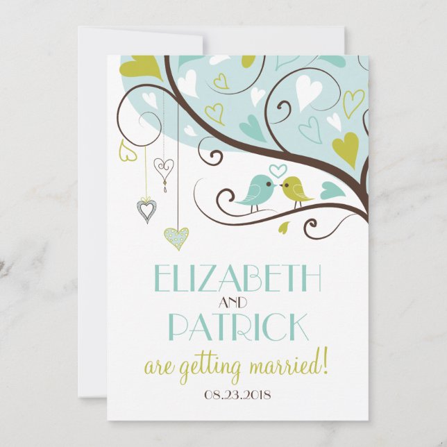 Blau und Grün | Niedliche Lovebirds Hochzeitseinla Einladung (Rückseite)