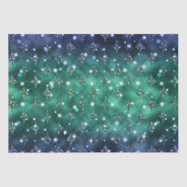 Blau und grün Ombre Glitzer Celestial Pattern Seidenpapier (Vorderseite)