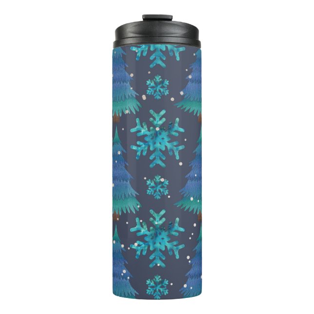 BLAU UND GRÜNE WINTERBÄUME & WINTERSCHNEE THERMOSBECHER (Vorderseite)