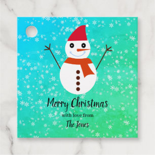 Blau und grüner Schneemann mit Schnee Weihnachten Geschenkanhänger