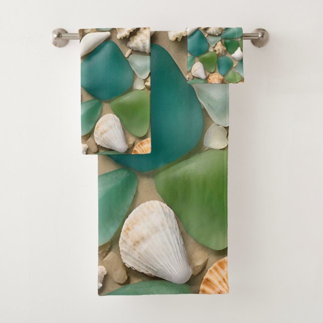 Blau- und Grünmeerglas und Seashell Badhandtuch Set (Insitu)
