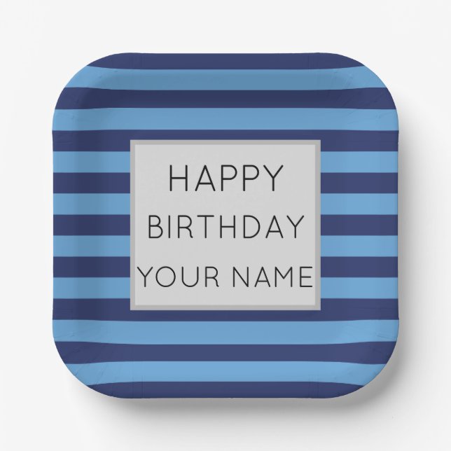 Blau und hellblau gestreift glücklich Geburtstag Pappteller (Vorderseite)