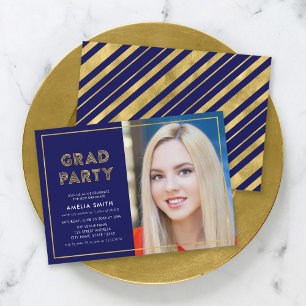 Blau und Imitate Gold Geometric Foto Grad Party Einladung