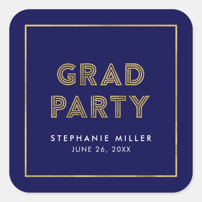 Blau und Imitate Gold Geometric Grad Party Quadratischer Aufkleber (Vorderseite)