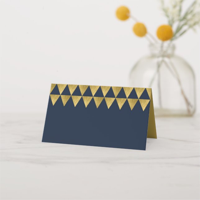 Blau und Imitate Goldschwengel Geometrisches Muste Platzkarte (Vorderseite)